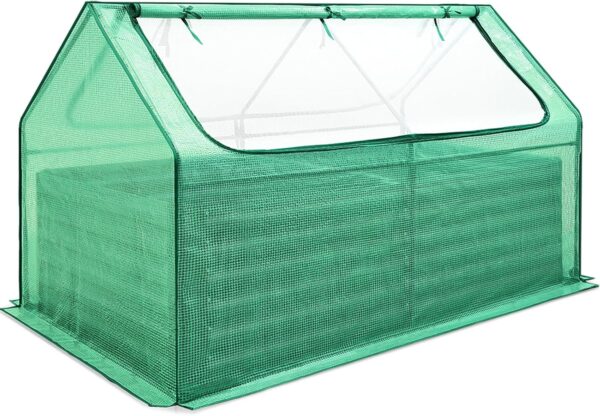 Raised Garden Bed with Cover Outdoor Galvanized Metal Planter Box Kit, w/ 2 Large Screen Windows Mini Greenhouse 20pcs T Tags 1 Pair of Gloves Included for Growing Vegetables 6x3x1ft (Clear)