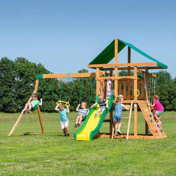 Mount Mckinley Cedar Wood Swing Set with Wave Slide, Play Deck, Double Rock Wall, Rope Ladder, Web Swing, Belt Swings, Toy Telescope, Steering Wheel, Sandbox Area, Outdoor Playset - Image 2