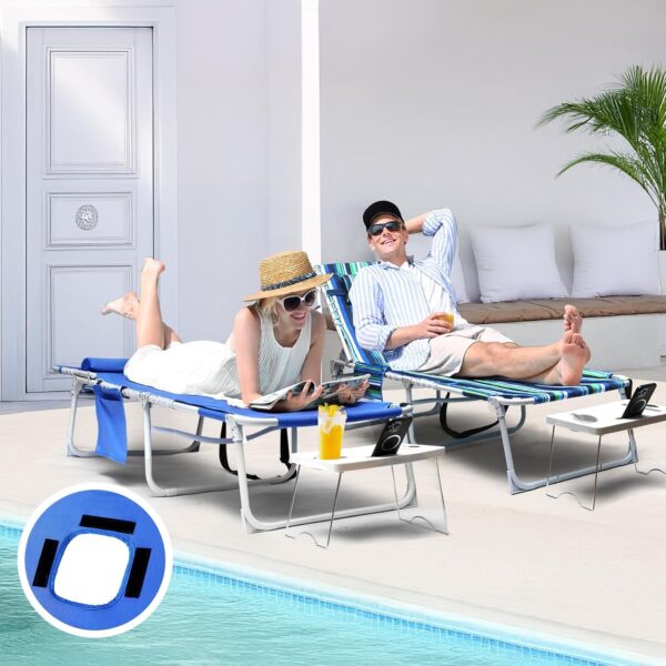 3-in-1 Outdoor Sun Tanning Lounge Chair with Face Hole – 5-Position Recliner, Folding Side Table & Removable Pillow, 330lbs Capacity, Blue - Image 2