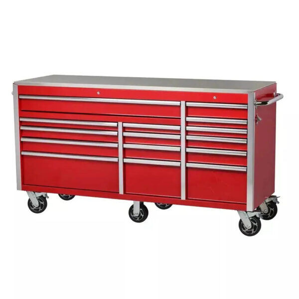 72 in. W x 24 in. D 15-Drawer Tool Chest Mobile Workbench with Stainless Steel Top and Dual Locks in Red