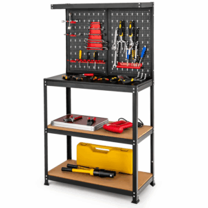 Workbench with Pegboard, Heavy-Duty Steel Tool Table with 2 Open Shelves, 13 Hanging Accessories Included