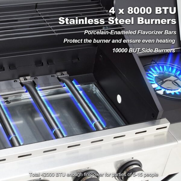 Upgraded 4 Burner BBQ Propane Gas Grill with Cast Iron Grates & Side Stove, 44,000 BTU Stainless Steel Burner Barbecue Grill for Patio, Camping, Outdoor Cooking MELLCOM - Image 18