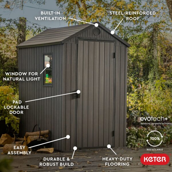 Keter Darwin 4 Foot x 6 Foot Outdoor Garden Tool Storage Shed w/Window, Graphite - Image 3
