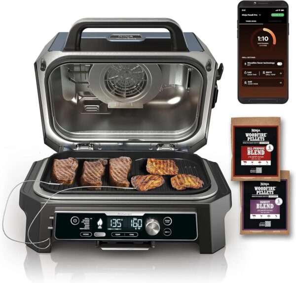 Outdoor Grill & Smoker, Bluetooth, App Enabled, 7-in-1 Master Grill, BBQ Smoker, Outdoor Air Fryer, Woodfire Technology, 2 Built-In Thermometers, Black