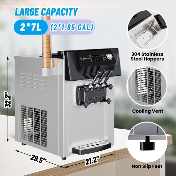 2200W Commercial Ice Cream Machine, 3 Flavor Soft Serve Ice Cream Machine, 5.3-7.4 Gal/Hr, with LCD Touch Screen, Automatic Cleaning, High Productivity for Home Snack Bar & Restaurants - Image 25