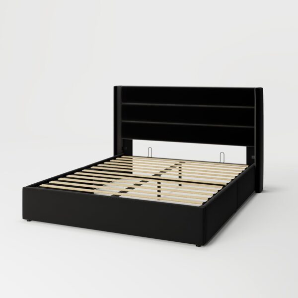 Queen Size Lift Up Storage Bed, Modern Wingback Headboard, Hydraulic Support, No Box Spring Needed, Light Beige - Image 4