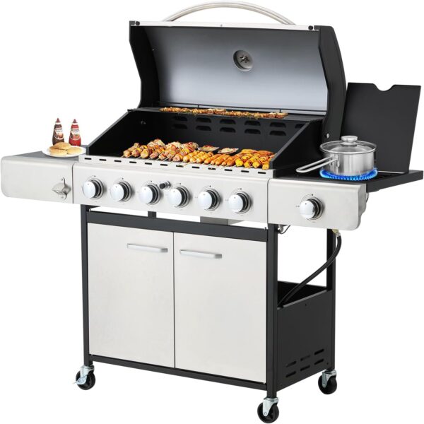 Upgraded 4 Burner BBQ Propane Gas Grill with Cast Iron Grates & Side Stove, 44,000 BTU Stainless Steel Burner Barbecue Grill for Patio, Camping, Outdoor Cooking MELLCOM - Image 8