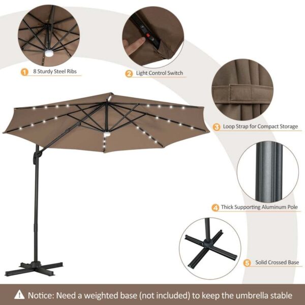 10 FT Cantilever Offset Patio Umbrella 28 Solar LED Lighted Market Umbrella with 3-Tilt Position, Crossed Base - Image 18