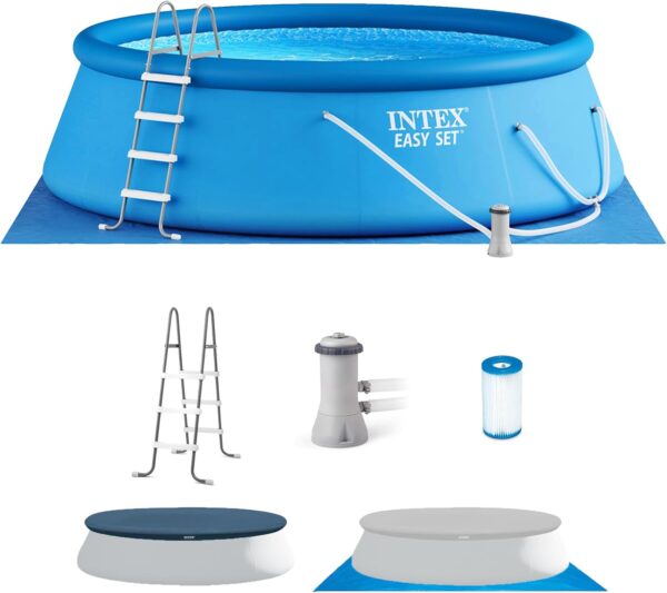 Easy Set Inflatable Swimming Pool Set: 15ft x 48in Includes 1000 GPH Cartridge Filter Pump Removable Ladder Pool Cover Ground Cloth