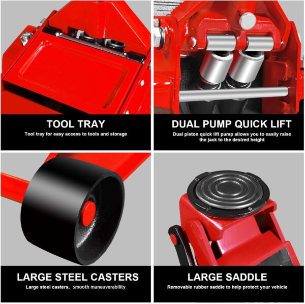 3 Ton Low Profile, Aluminum and Steel Racing Floor Jack with Dual Pistons Quick Lift Pump for Sport Utility Vehicle, Lifting Range 3-15/16" min to 18-5/16" max, Red - Image 5