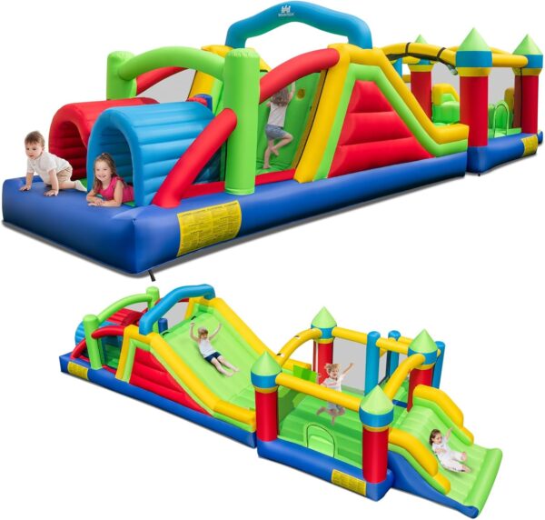 Inflatable Obstacle Course Bounce House, Kids Huge Sectional Bouncy Castle with Dual Slides, Tunnels, Bounce Area, Climbing, Obstacles, Playhouse for Kids Indoor Outdoor Birthday Party Gift