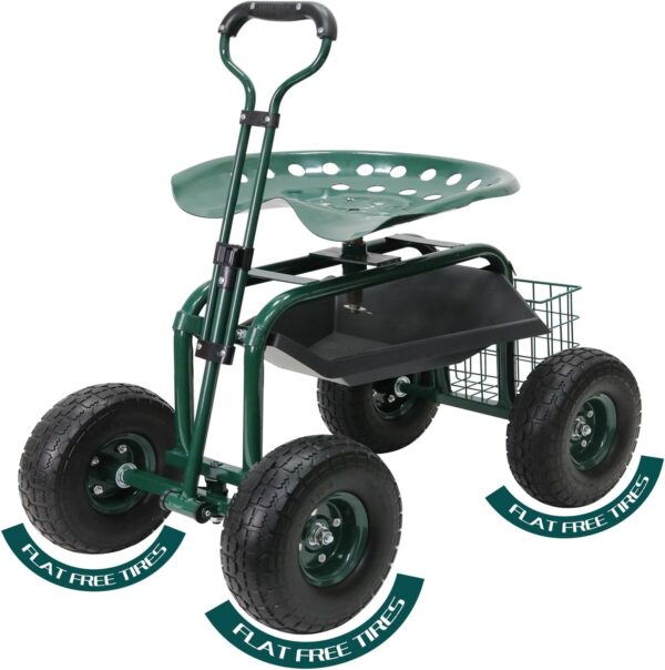 Garden Cart Outdoor Rolling Garden Workseat with Wheels, Heavy Duty Garden Tool Cart with Extendable Handle and Storage for Seniors Yard Gardening Work - Image 7
