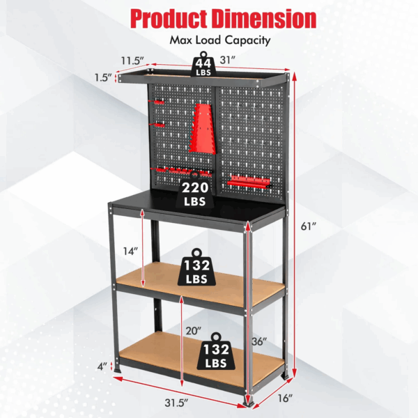 Workbench with Pegboard, Heavy-Duty Steel Tool Table with 2 Open Shelves, 13 Hanging Accessories Included - Image 2