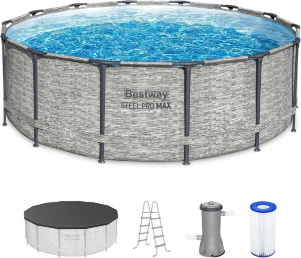 Above Ground Swimming Pool w/ Pump, Cover, & Ladder, 14' x 48", Steel Pro MAX, Gray - Backyard Outdoor Round Pool w/ Filter, 42-Inch Deep Water - Image 2