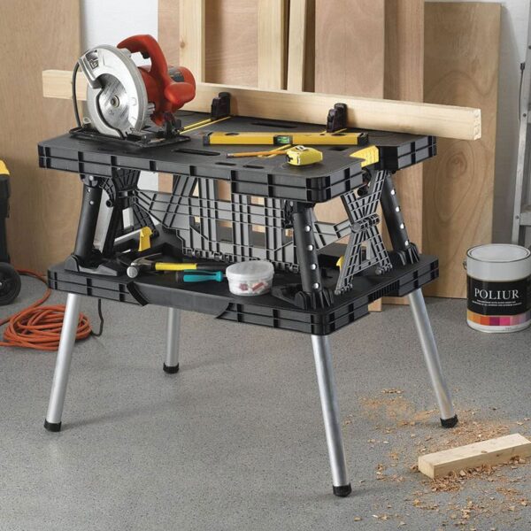 Portable Folding Table Tool Storage Stand Workbench Sawhorse w/ 12" Clamps - Image 7