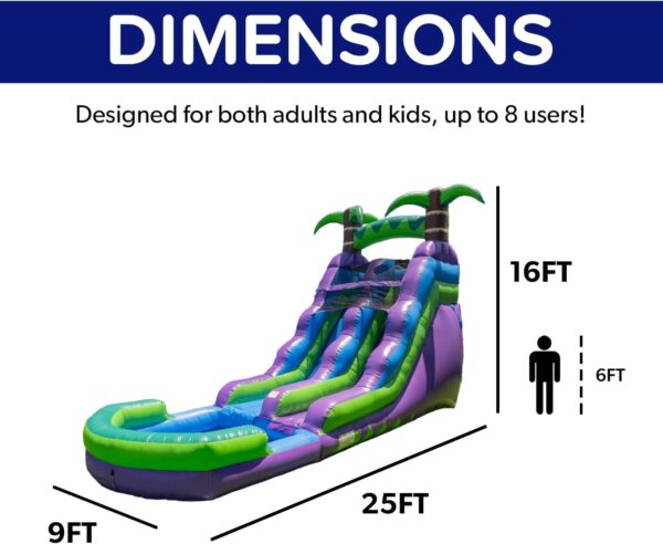 HeroKiddo 16' Purple Tropical Lightweight Premium Commercial Grade Water Slide Inflatable with Attached Pool for Kids and Adults (with Blower), Wet Dry Use, Summer Fun - Image 8
