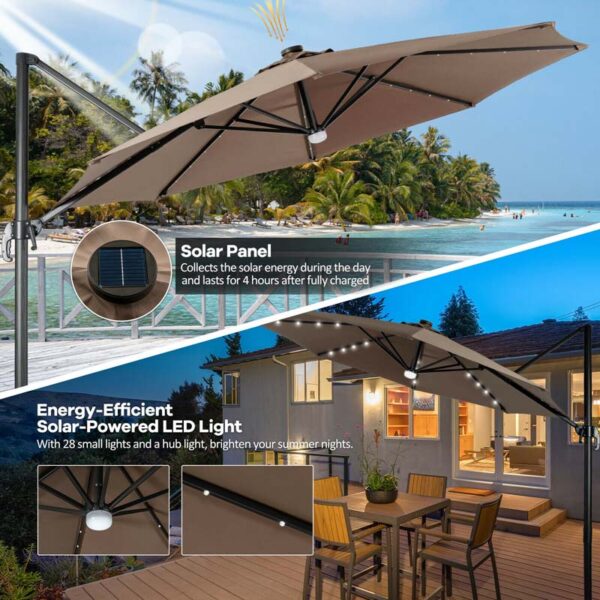 10 FT Cantilever Offset Patio Umbrella 28 Solar LED Lighted Market Umbrella with 3-Tilt Position, Crossed Base - Image 15