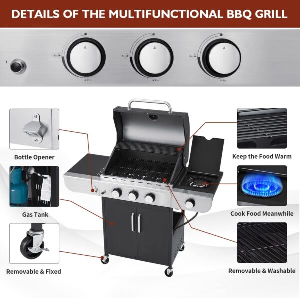 Upgraded 4 Burner BBQ Propane Gas Grill with Cast Iron Grates & Side Stove, 44,000 BTU Stainless Steel Burner Barbecue Grill for Patio, Camping, Outdoor Cooking MELLCOM - Image 32