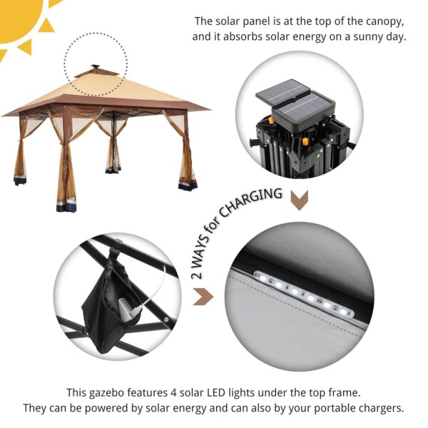 Suntime 12x12 Instant Pop Up Gazebo Solar Light Screen Canopy Tent Cover, Brown - Image 2