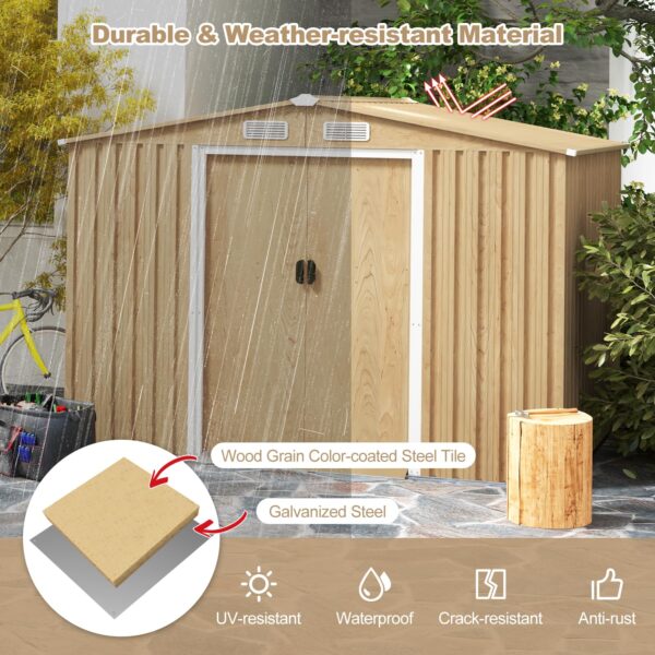 8' x 6' Woodgrain Outdoor Storage Shed, Galvanized Metal Tool House Organizer w/Base Floor, 4 Vents - Image 2
