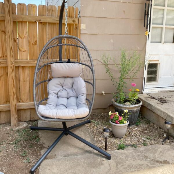 Indoor Outdoor Egg Hanging Chair with Stand, Patio Wicker Swing Egg Chair Indoor Swinging Chair Outdoor Hammock Egg Chair 350lbs Capacity for Patio Bedroom Balcony, Charcoal Grey (EG-001) - Image 9