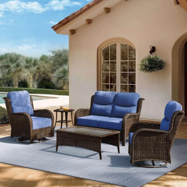 Outdoor Swivel Rocker Patio Chairs with 6-Inch Thick Cushions and Side Table, 3PCS High Back Wicker Patio Furniture Set for Porch, Balcony, Deck and Yard in Blue - Image 4