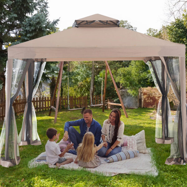 10 x 10 Foot Hampton Soft Top Steel Gazebo with Mosquito Netting, Brown - Image 10