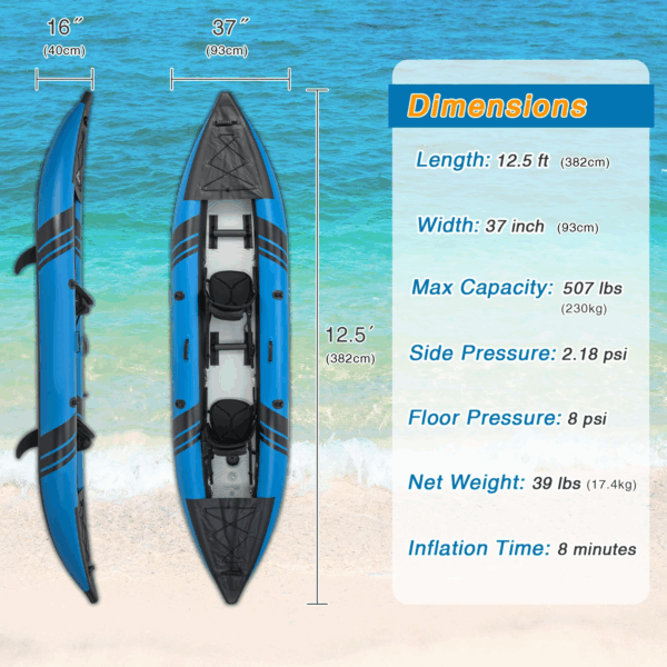 12.5 ft Inflatable Tandem Kayak | 1-2 Person Canoe | 507 lbs Capacity | Includes All Accessories & Carry Bag - Image 6