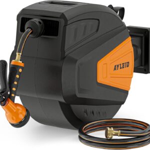 Retractable Garden Hose Reel,1/2 in x 100 ft Wall Mounted Hose Reel, with 9- Function Sprayer Nozzle, Any Length Lock/Slow Return System/Wall Mounted/180°Swivel Bracket (Grey)