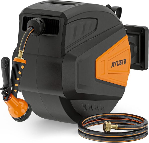 Retractable Garden Hose Reel,1/2 in x 100 ft Wall Mounted Hose Reel, with 9- Function Sprayer Nozzle, Any Length Lock/Slow Return System/Wall Mounted/180°Swivel Bracket (Grey)