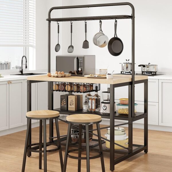 Kitchen Island, Kitchen Island with Storage, Bakers Rack, Island Table for Kitchen, Bakers Rack with Storage, Large Kitchen Island Table, Coffee Bar Table with Shelf,5 Racks,Pear Wood White - Image 4