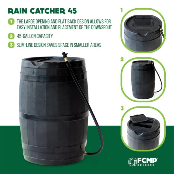 Outdoor RC45 45 Gallon Outdoor Rain Water Catcher Barrel Container, Black - Image 3