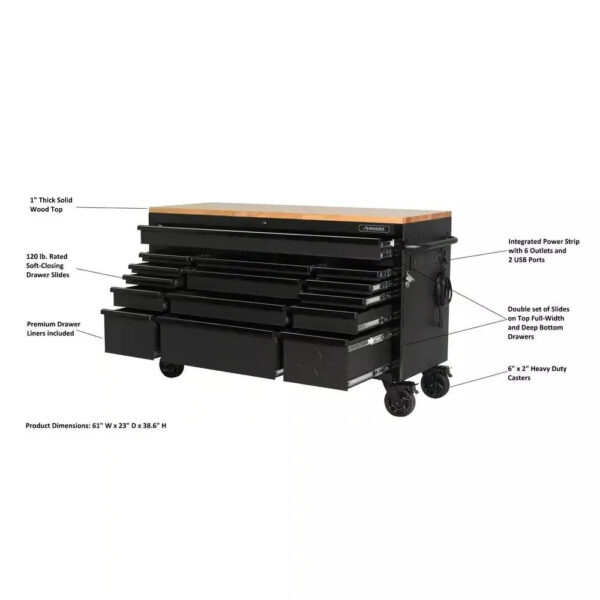 Heavy Duty 61 in. W x 23 in. D 15-Drawer Mobile Workbench with Solid Wood Top - Image 8