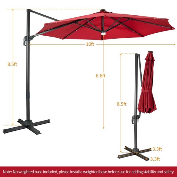 10 FT Cantilever Offset Patio Umbrella 28 Solar LED Lighted Market Umbrella with 3-Tilt Position, Crossed Base - Image 23