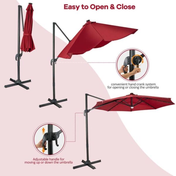 10 FT Cantilever Offset Patio Umbrella 28 Solar LED Lighted Market Umbrella with 3-Tilt Position, Crossed Base - Image 29