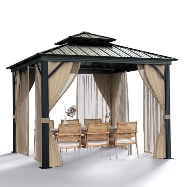 10’x10′ Hardtop Gazebo with double metal roof, aluminum frame, net, and curtain. All-weather, ideal for patio, deck, garden, backyard. Khaki. - Image 15