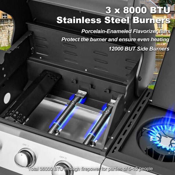 Upgraded 4 Burner BBQ Propane Gas Grill with Cast Iron Grates & Side Stove, 44,000 BTU Stainless Steel Burner Barbecue Grill for Patio, Camping, Outdoor Cooking MELLCOM - Image 47