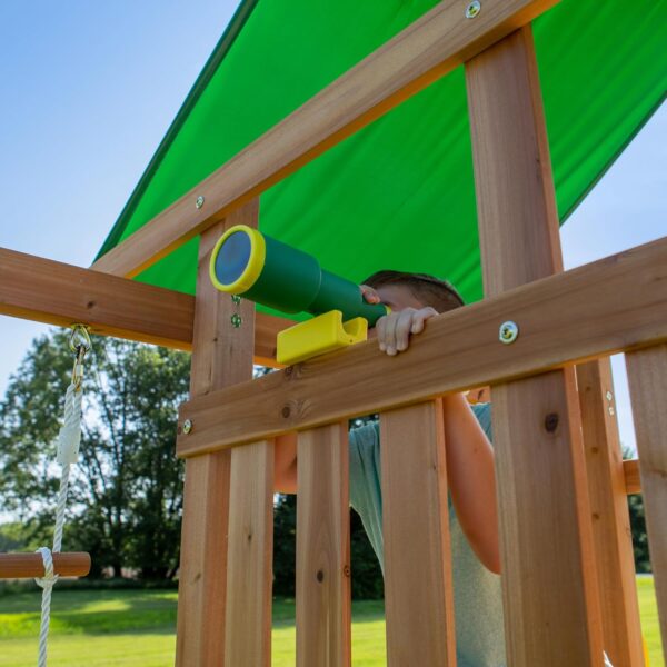 Mount Mckinley Cedar Wood Swing Set with Wave Slide, Play Deck, Double Rock Wall, Rope Ladder, Web Swing, Belt Swings, Toy Telescope, Steering Wheel, Sandbox Area, Outdoor Playset - Image 11