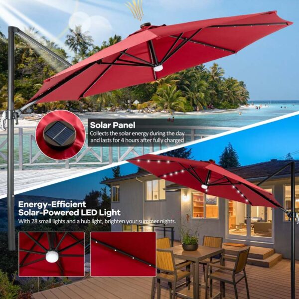 10 FT Cantilever Offset Patio Umbrella 28 Solar LED Lighted Market Umbrella with 3-Tilt Position, Crossed Base - Image 24