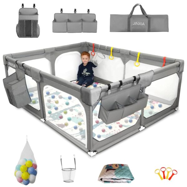 Baby Playpen with Mat 75"*59", Extra Large Playpen for Babies and Toddlers with Storage Bag, BPA-Free, Non-Toxic, Safe No Gaps Playards for Babies, Sturdy Safety Play Yard for Indoor Outdoor Fun, Grey - Image 2