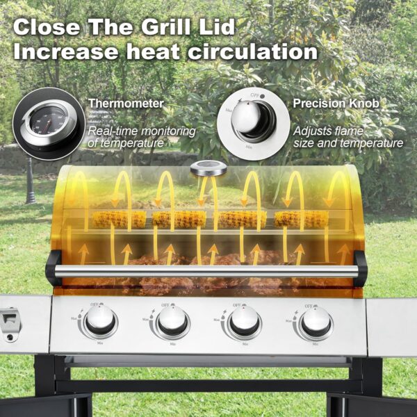 Upgraded 4 Burner BBQ Propane Gas Grill with Cast Iron Grates & Side Stove, 44,000 BTU Stainless Steel Burner Barbecue Grill for Patio, Camping, Outdoor Cooking MELLCOM - Image 57