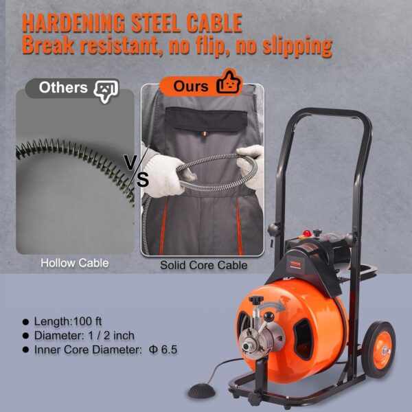Drain Cleaner Machine 100FT x 1/2Inch, Auto Feed Sewer Snake Auger with 4 Cutter & Air-activated Foot Switch for 1" to 4" Pipes, Orange, Black - Image 7