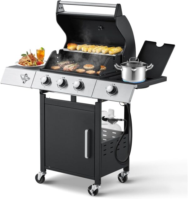 Upgraded 4 Burner BBQ Propane Gas Grill with Cast Iron Grates & Side Stove, 44,000 BTU Stainless Steel Burner Barbecue Grill for Patio, Camping, Outdoor Cooking MELLCOM - Image 4
