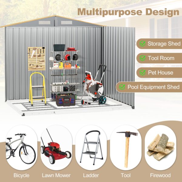 8' x 6' Woodgrain Outdoor Storage Shed, Galvanized Metal Tool House Organizer w/Base Floor, 4 Vents - Image 8