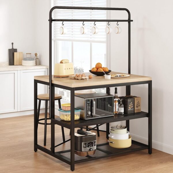Kitchen Island, Kitchen Island with Storage, Bakers Rack, Island Table for Kitchen, Bakers Rack with Storage, Large Kitchen Island Table, Coffee Bar Table with Shelf,5 Racks,Pear Wood White - Image 3