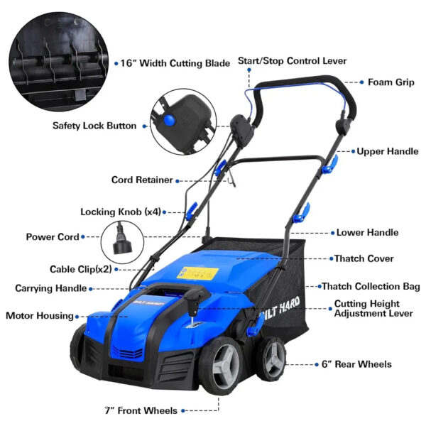 15 Amp Electric Dethatcher & Scarifier: 16" Width, 14.5-Gallon Bag, 2-in-1 Walk-Behind Lawn Tool - Image 8
