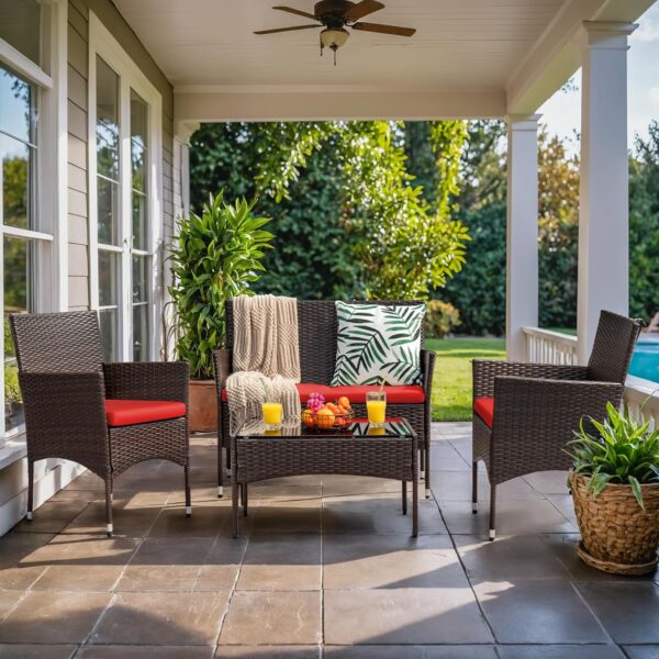 4 Pieces Patio Rattan Chair Wicker, Outdoor Indoor Use Backyard Porch Garden Poolside Balcony Furniture Sets (Red) - Image 2