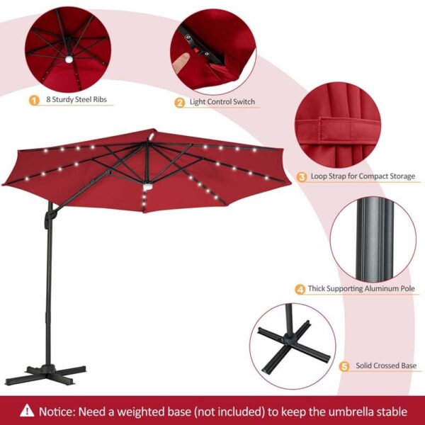 10 FT Cantilever Offset Patio Umbrella 28 Solar LED Lighted Market Umbrella with 3-Tilt Position, Crossed Base - Image 28