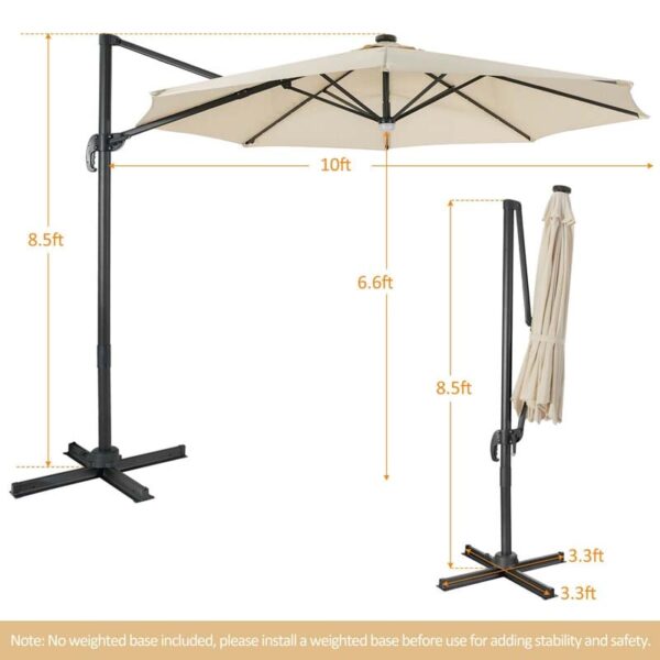 10 FT Cantilever Offset Patio Umbrella 28 Solar LED Lighted Market Umbrella with 3-Tilt Position, Crossed Base - Image 3