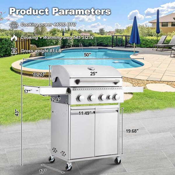 Upgraded 4 Burner BBQ Propane Gas Grill with Cast Iron Grates & Side Stove, 44,000 BTU Stainless Steel Burner Barbecue Grill for Patio, Camping, Outdoor Cooking MELLCOM - Image 36